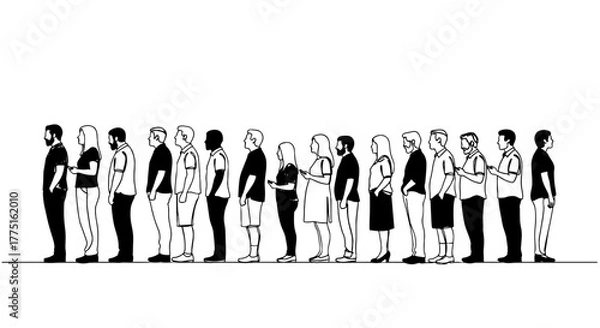 Fototapeta Diverse People Waiting in Line, Side View in Modern Urban Setting for Service or Event, Representing Queuing, Social Distancing, and Orderly Processes for Business, Healthcare, and Community Projects,