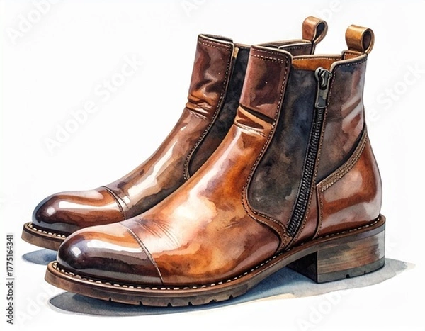 Fototapeta Pair of fashion boots featuring glossy material and a block heel, rendered as a realistic and artistic watercolor illustration