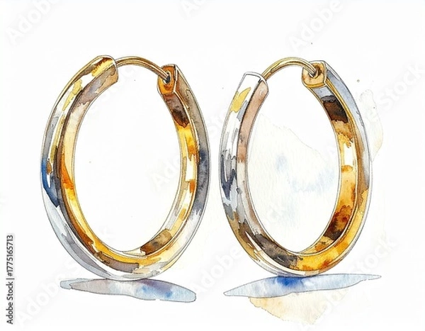 Fototapeta Statement jewelry: bold and modern design hoop earrings with glossy metallic reflections, rendered in an artistic watercolor medium