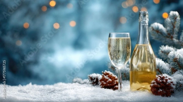 Fototapeta Festive Winter Celebration with Champagne and Pine Cones in a Snowy Forest Setting