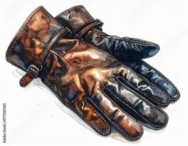 Fototapeta Watercolor painting style illustration, an isolated pair of smooth leather gloves with a decorative buckle strap, perfect for winter and luxury fashion