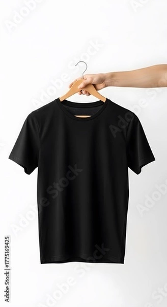 Fototapeta Hand holding a blank black t-shirt on a wooden hanger against a white background. Front view apparel mockup for custom design and branding
