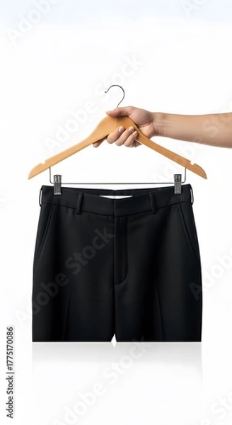 Fototapeta A person's hand holding a wooden hanger with classic black trousers against a clean white background, representing minimalist fashion and wardrobe essentials