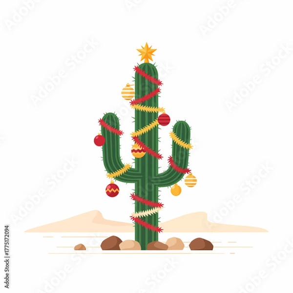 Obraz Flat vector christmas cactus decorated with ornaments in the desert