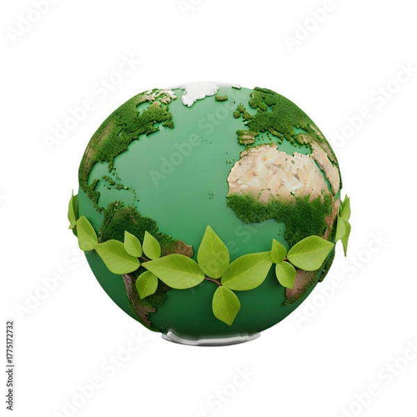 Fototapeta Realistic 3D rendering of planet Earth covered in lush green moss and a band of leaves, emphasizing environmental concepts.