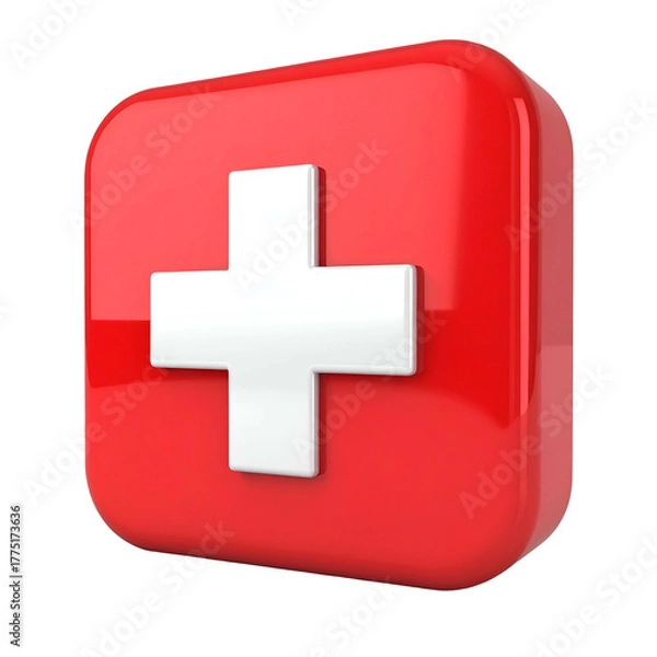 Obraz Bright red square with a white cross, 3D rendering, isolated on black