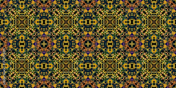 Fototapeta Luxurious Abstract Gold-Toned Geometric Backdrop. Seamless Dark Gold and Deep Blue Kaleidoscope Pattern. Ornamental Folk Art Style Repeating Texture.
