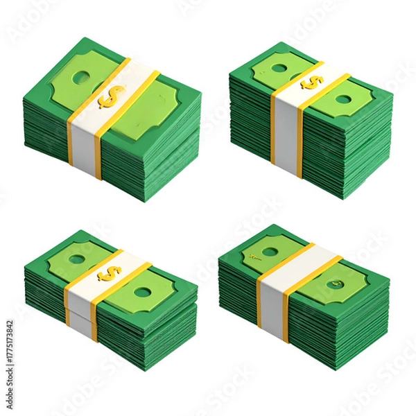 Obraz Four stacks of green cash, banded with white, arranged on a black background