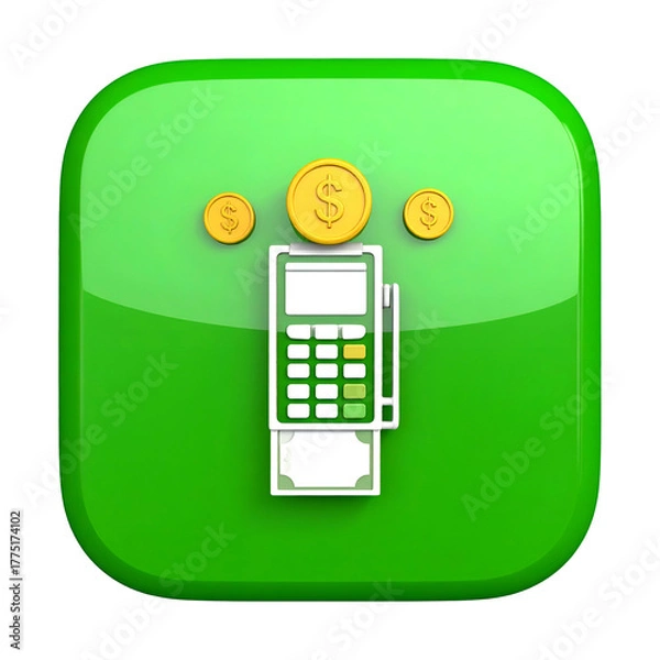 Obraz Green glossy icon depicts a point-of-sale terminal, coins, and a bill