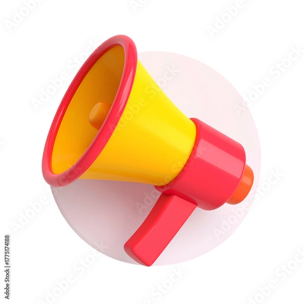 Fototapeta Rendered, 3D megaphone icon, yellow and red colors, set against a white circle