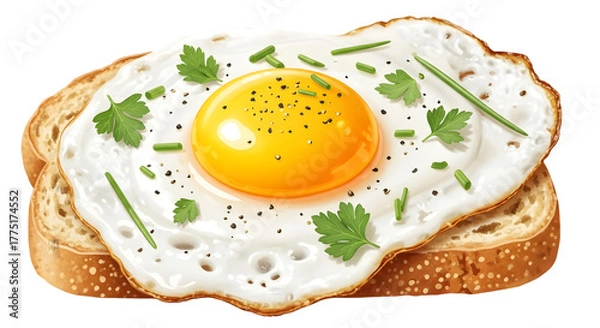 Fototapeta Delicious fried egg with a perfectly runny yolk, seasoned with fresh herbs on a slice of golden toasted bread.
