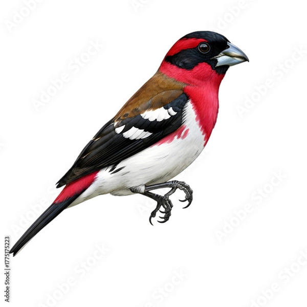 Fototapeta Striking Rose-breasted Grosbeak bird with vibrant black, white, and red plumage, isolated on a stark black background.