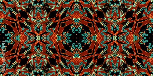 Fototapeta Modern Graphic Geometric Mosaic Repeat Texture. seamless Rich Earth Tones and Turquoise Abstract Textile Pattern. Black and Orange Symmetric Dotted Background