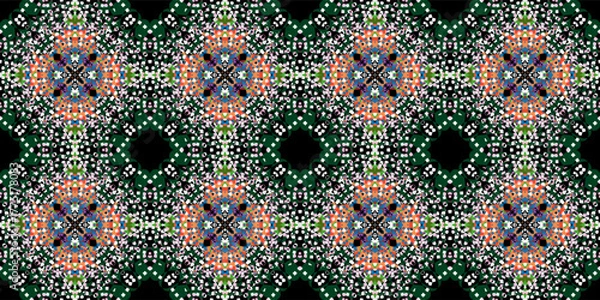 Fototapeta Vibrant Dotted Kaleidoscope Seamless Pattern

. Ornamental Repeat Background. Decorative Abstract Digital Craft Background. Intricate Round Shape Symmetrical Pattern

.