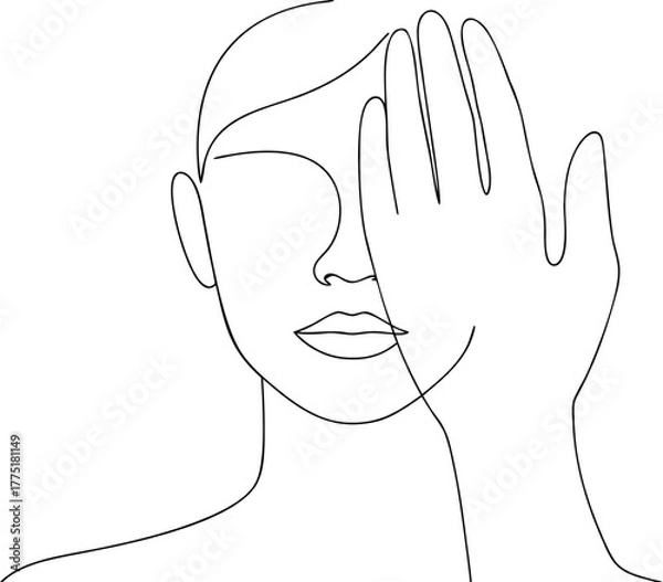 Obraz Minimalist Line Art Woman Face With Hand Covering Eye