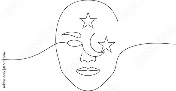Obraz Single line drawing of a face with moon and stars line art