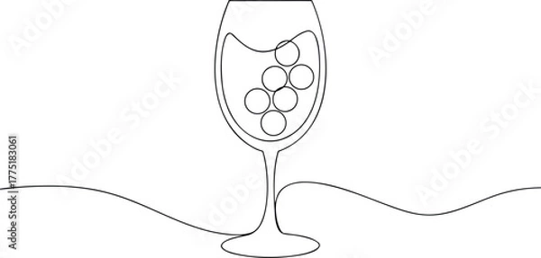 Obraz Single line drawing of wine glass with grapes continuous line