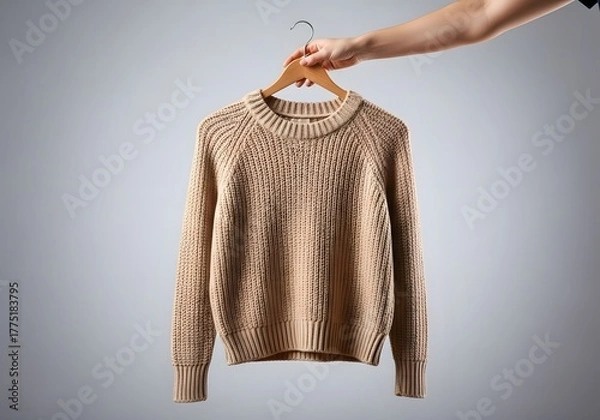 Fototapeta Hand holding a knitted sweater on a hanger in a studio against a plain background