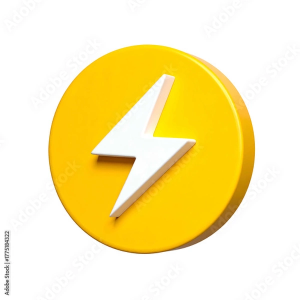 Fototapeta 3D rendering of a white lightning bolt icon within a yellow circular button, on black