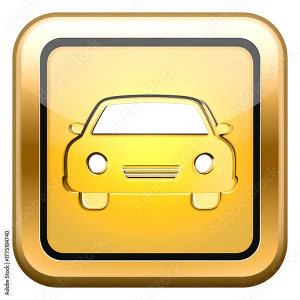 Fototapeta A golden, square-framed illustration of a car icon with glossy, reflective elements