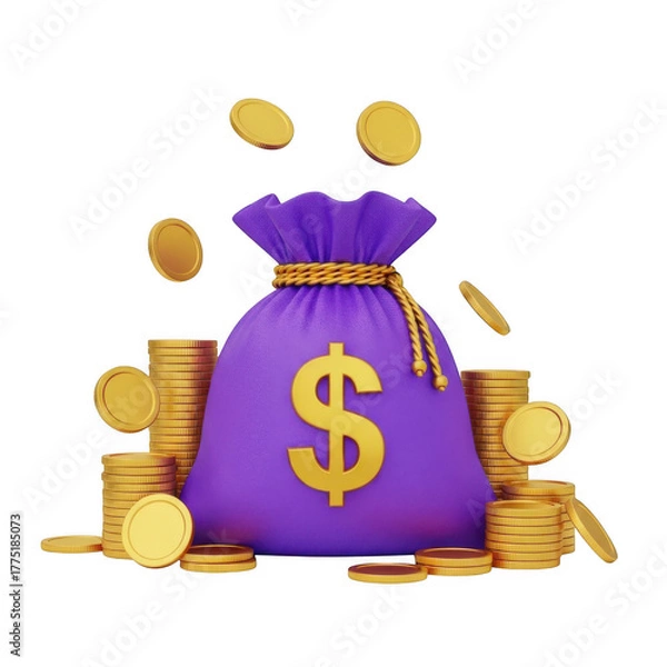 Obraz Purple money bag overflowing with gold coins symbolizing wealth and fortune transparent background