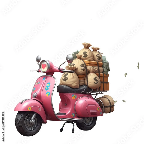 Fototapeta Pink scooter loaded with bags of money and currency symbol symbolizing wealth and delivery transparent background