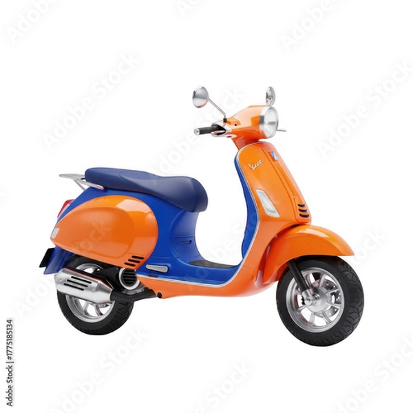 Fototapeta Vibrant orange and blue retro scooter displayed with sleek chrome accents transparent background