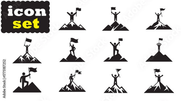 Fototapeta A person standing on top of a mountain with a flag Icon, A person standing on top of a mountain with a flag Black Vector Set