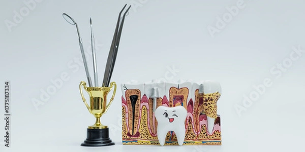 Fototapeta Dental Tools in Trophy with Tooth Anatomy Model and Cartoon Tooth