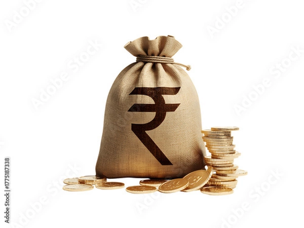 Fototapeta Bag of money with rupee symbol isolated on transparent background