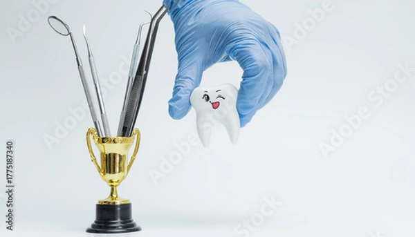 Fototapeta Dental Trophy with Tools and Winking Tooth Character