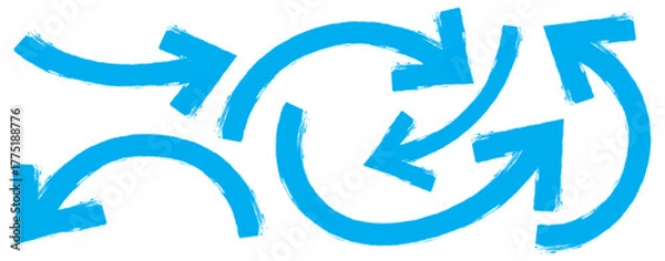 Fototapeta Various bold brush drawn curved arrows. Collection of blue doodle marker thick arrows. Blue Hand drawn brush stoke arrow set. Hand drawn bold arrows set. Big set of chalk pencil, brush stroke arrows