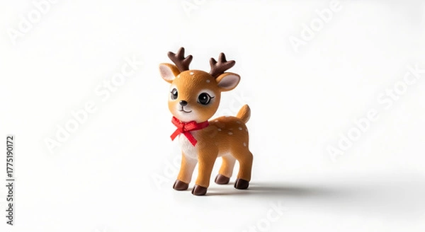 Fototapeta Cute Small Cartoon Reindeer Figurine with Red Bow on White Background