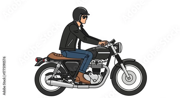 Fototapeta Illustration of a motorcyclist with helmet and jacket, riding on a motorbike, isolated on a white