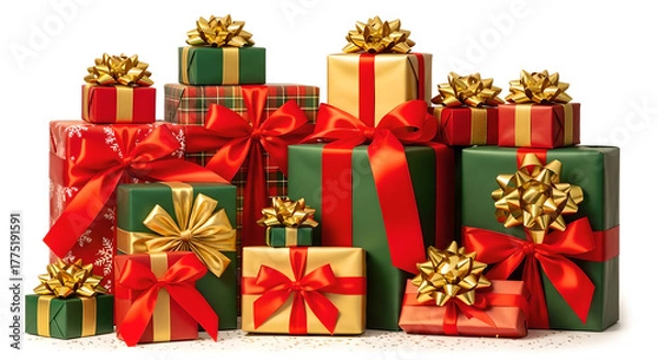 Obraz Large Pile of Red and Gold Christmas and New Year Gifts on White Background