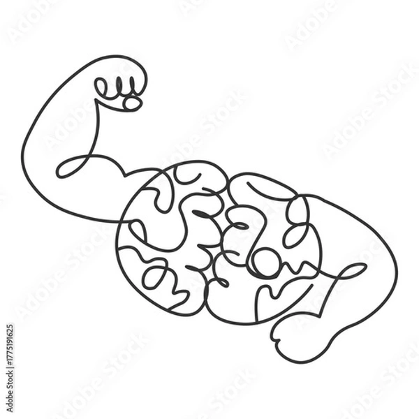 Fototapeta One continuous line drawing of healthy strong human brain