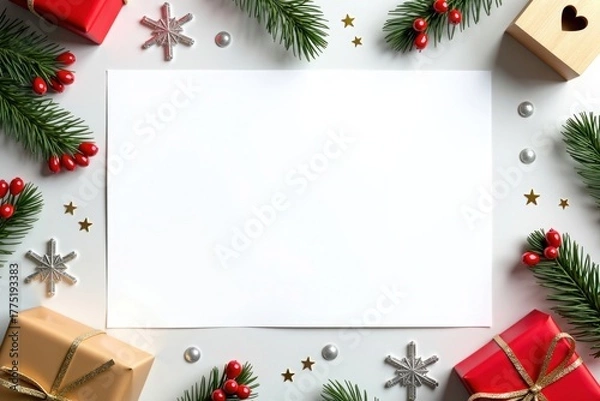 Fototapeta Festive Christmas flat lay with gifts and copy space
