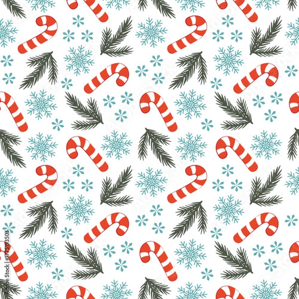 Obraz Christmas candy cane and pine branch seamless vector pattern