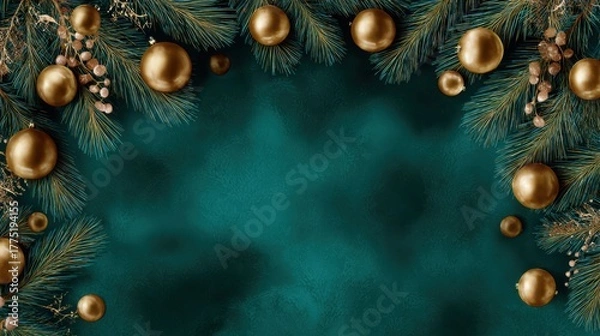 Obraz Festive holiday ornaments on green background for christmas celebration decorative elements indoor flat lay view