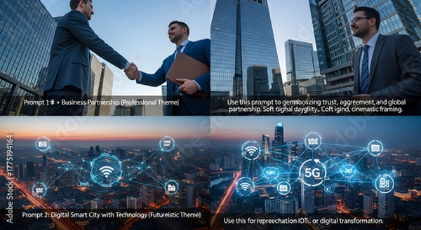 Fototapeta Business partnership handshake with city skyline digital smart city with technology futuristic theme representing trust agreement and global partnering