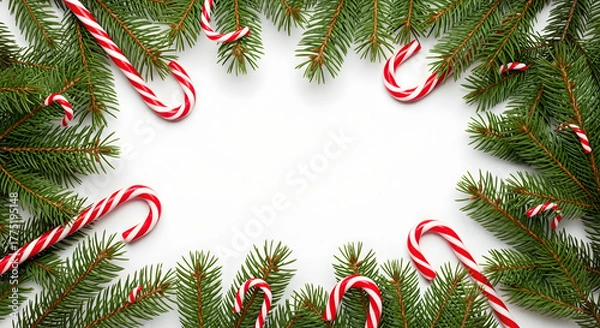 Obraz Christmas and New Year Border with Pine Branches and Candy Canes on White