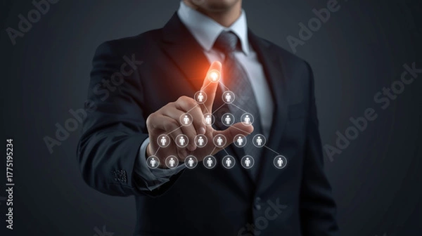 Fototapeta Professional Man Touching a Digital Network Structure: Business Hierarchy, MLM Marketing, Team Building, and Leadership Concept