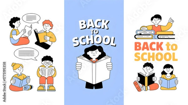 Fototapeta Back to school vector illustration set diverse students reading books flat design for education and learning resources