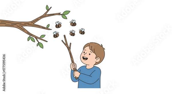 Obraz Whimsical illustration of a boy poking a bee's nest with a stick beneath a tree branch