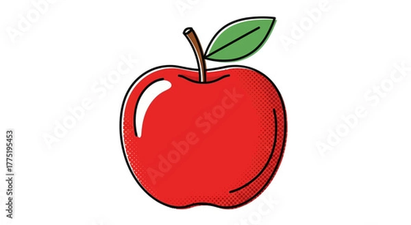 Fototapeta Vibrant red apple illustration with playful halftone effect and refreshing green leaf detail