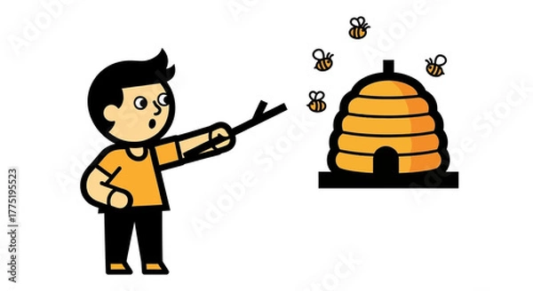 Obraz A Cartoon Man Provokes a Beehive with a Stick, Resulting in an Alarming Situation