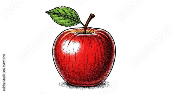 Obraz Detailed artistic rendering of a vibrant red apple with a fresh green leaf isolated on a white