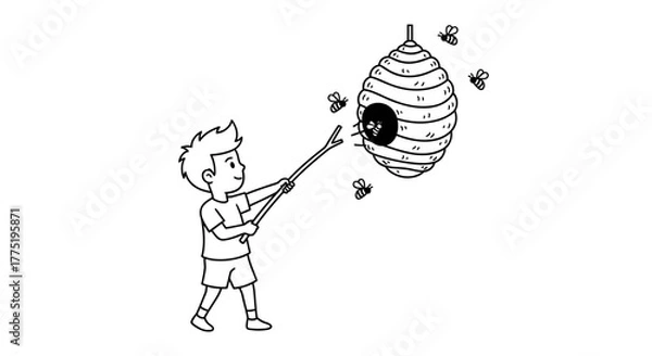 Obraz Line drawing illustration of a boy poking a beehive with a stick, surrounded by buzzing bees