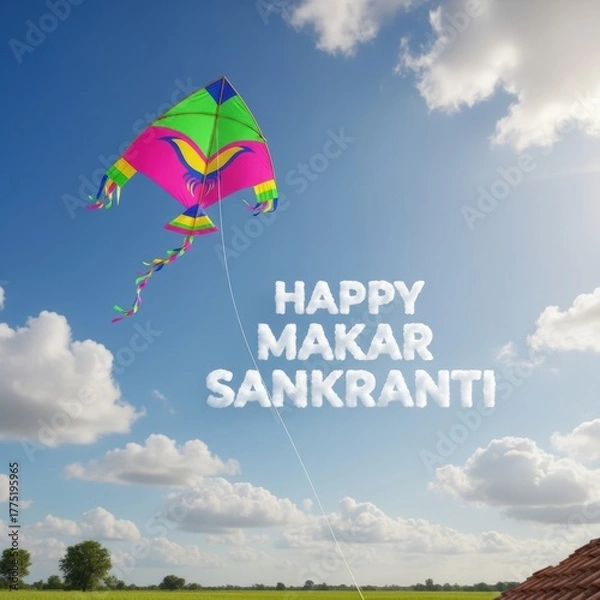 Fototapeta Colorful Kite Flying in Cloudy Sky with Text Makar Sankranti green