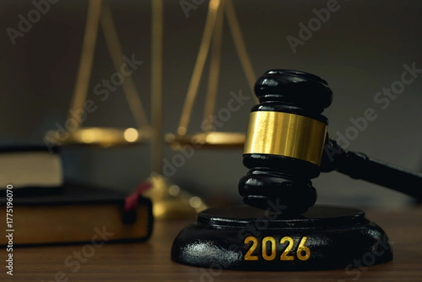 Fototapeta Close up judges gavel with gold band on a base engraved 2026, with blurred justice scales and a law book. Symbolizes law, court judgment, legal reform, governance, and the future justice system.